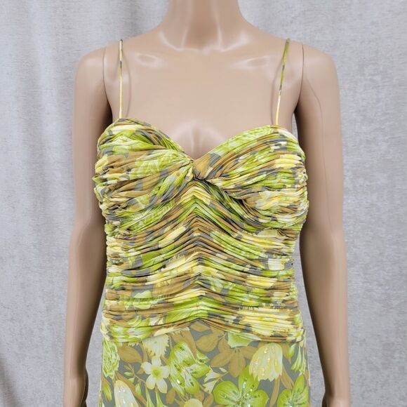 Chetta B Silk Midi Dress Y2K Floral Wasabi Green Ruched Pleat Bodice Fairycore - Picture 3 of 14